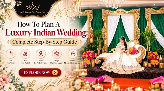Luxury Indian Wedding setup with an elegant bride seated on a gold chaise, emerald drapes, ornate gold frames, colourful floral arrangements and chandelier lighting.